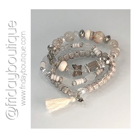 White Bohemian Butterfly Multi Layer Bracelets with Jewelry Pouch Gift Bag - Picture 4 of 8